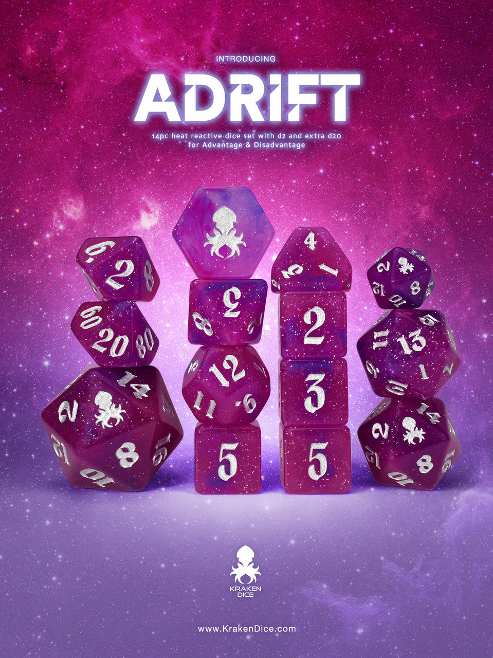 Adrift Heat Reactive 14pc Dice Set for TTRPGs inked in Silver